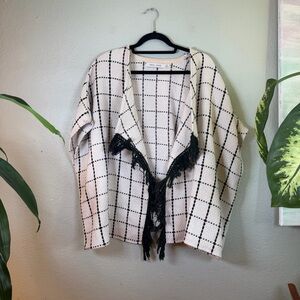 Anthropologie Bishop & Young White Black Check Tassled Woven Dolman Sleeve M
